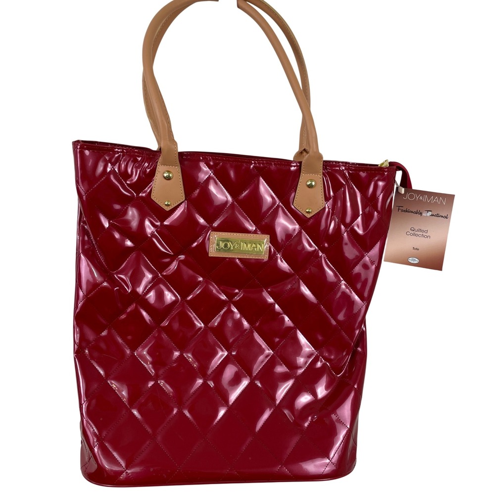 Joy & Iman Red Quilted Patent Tote Bag Collection Weatherproof NWT‎